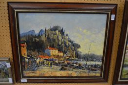 Busy harbour scene, oil on board.