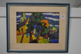 Colourful print depicting buildings in a landscape.