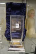 A Carrs square shaped glass vase with silver stand, complete with original box.
