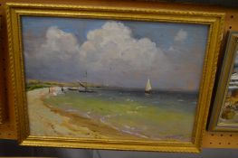 Russian School, figures and sailing boats by a sandy cove, oil on canvas.