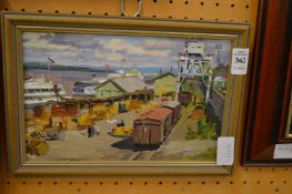 Russian School, busy harbour scene, small oil on board.