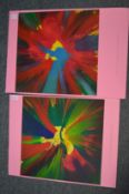 In the manner of Damien Hirst, two square shaped spin paintings, unframed.