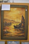 N K Kampan, Thai fishing boats in a harbour, oil on board, signed.