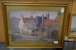 R E Dorg, female figures conversing by country cottages, watercolour.