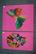 In the manner of Damien Hirst, two spin paintings, one depicting a skull the other a butterfly,