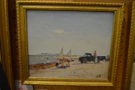 Russian school, figures by a coastal landscape, small oil on board.
