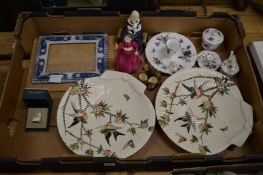 A pair of shell shaped cream ware dishes, Doulton figures etc.