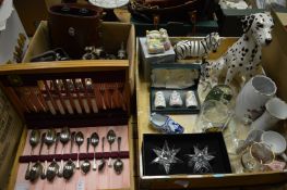 Cutlery canteen, binoculars, large Beswick seated dalmation and other items.