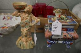 A Japanese Imari censer and cover together with a Japanese Satsuma figure of a man holding a bowl on