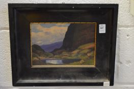 Mountainous river landscape, oil on board in an ebonised frame.