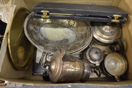A plated four piece tea service, swing handle basket etc.