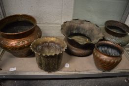 Five large Eastern embossed metal jardinieres.