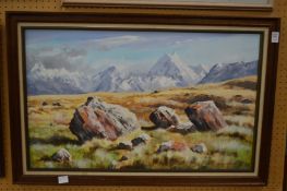 Aston Greathead, Braemar Road to the Tasman Valley, oil on board, signed.