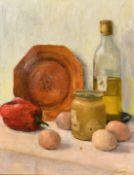 Patricia Langmead (20th Century), a still life of mixed kitchen objects, oil on panel, signed with