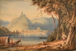 Circle of Samuel Prout, a view of the lake and town of Lugo, watercolour, 5.5