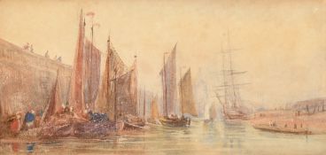 19th Century French School, a view of boats in St Peter Port, Guernsey, warercolour, inscription