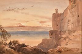 Attributed to David Hall McKewan (1817-1873), figures by a castle admiring a sunset, watercolour, 8