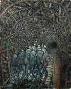 Attributed to Tom McGuinness (1926-2006), miners walking through a mine, oil on canvas, 18