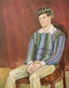 R. Harland, (20th Century), a portrait of a seated gentleman in a hat, oil on canvas, signed