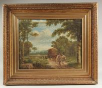 Arnold Harrop, Circa 1884, figure and a horse and cart bring in the harvest on a tree-lined