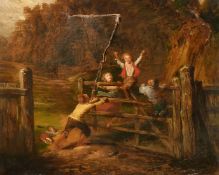 19th Century English School, children playing on a swinging gate, oil on canvas, 20