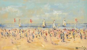 Water John Beauvais (1942-1998), a scene of elegant figures on a beach with yachts beyond, oil on