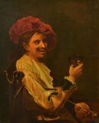 19th Century Continental School, portrait of a seated gentleman in a red hat holding a rummer and