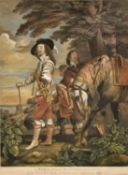 Robert Strange after Van Dyck, a hand coloured engraving of Charles I and attendants, 24.5