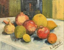 Rose Domb (20th Century), a still life of fruit and onions, oil on canvas, signed, 16
