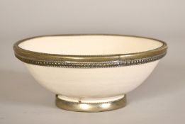 A glazed studio pottery bowl with applied metal rim and foot, 3