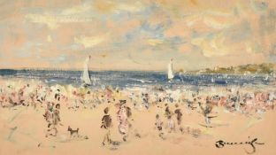 Water John Beauvais (1942-1998), a scene of elegant figures on a beach with yachts beyond, oil on