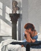 Gwyn Jones (20th Century), a portrait of a young woman seated on a bed, oil on canvas, signed, 32