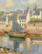 Lily Ogilvie (20th Century) Scottish, boats with sails drying by a town quay, oil on canvas, signed,