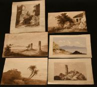 A collection of sixteen mostly sepia drawing views of Continental scenes, including some of Greece