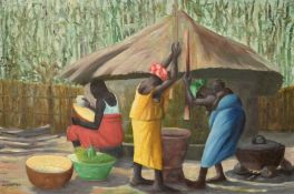 M. Soumah (20th Century), African figures preparing food in an outdoor kitchen, oil on canvas,