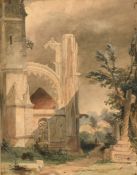 Circle of Samuel Prout, 19th Century, figures in a path by abbey ruins, watercolour, 9
