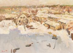 Oleksandr Khrapachov (b. 1981), Ukraine, buildings in a winter landscape, oil on canvas, signed,