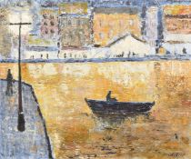 Contemporary School, an impressionist view of a rowing boat near a quay, oil on board,