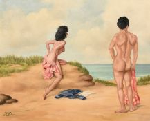 Peter Driben (1903-1968), a male and female nude in a sand dune looking out to sea, oil on canvas,