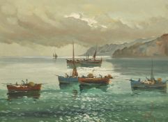 20th Century Italian School, figures in traditional rowing boats off a headland, oil on canvas,