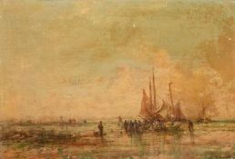 William Edward Webb (late 19th Century), figures unloading the catch by a beached boat, oil on