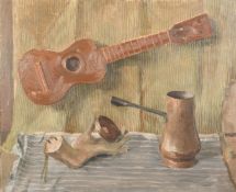 P McGinn (20th Century), a still life of mixed objects including a ukelele, oil on canvas, signed