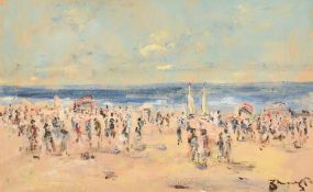 Water John Beauvais (1942-1998), a scene of elegant figures on a beach with yachts beyond, oil on