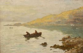 Walter Hutcheson (1869-1910), fishermen in a rowing boat in a bay, oil on canvas, signed, 14