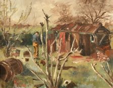 Modern British, Circa 1955, figure in a garden, oil on canvas, signed with monogram, 16
