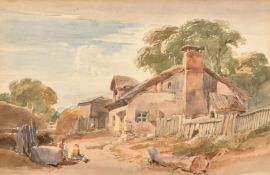 Circle of David Cox, figures resting near a farm, watercolour, 9