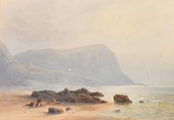 James Finucane Draper (1836-1876), A coastal view with a fisherman mending a net, watercolour,