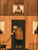 Paige Koosed, Circa 1994, a lady sweeping with two cats, watercolour, signed and dated, 11.5