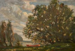 John Brown (20th Century), a red rowing boat by lake, oil on board, signed with initials, 10
