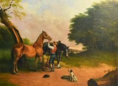 Mid-19th Century English School, a young groom saddling horses in a clearing with a dog in